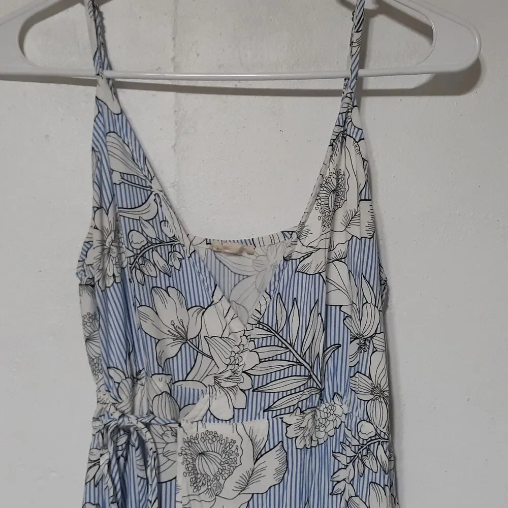 Hem & Thread Womens Dress M Medium Blue/White Peasant Boho Wrap Around Summer